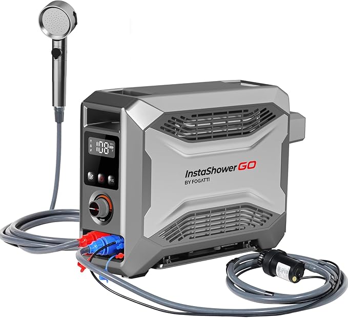 FOGATTI InstaShower GO, Portable Propane Water Heater 19,000 BTU, with 5000mAh Rechargeable Built-in Battery, DC 12V, Outdoor Camping Shower