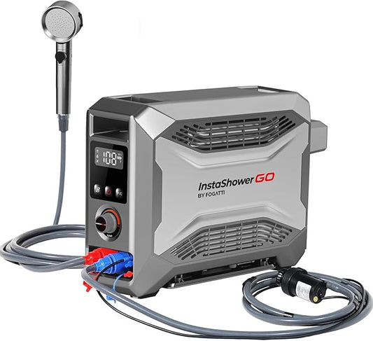 FOGATTI InstaShower GO, Portable Propane Water Heater 19,000 BTU, with 5000mAh Rechargeable Built-in Battery, DC 12V, Outdoor Camping Shower
