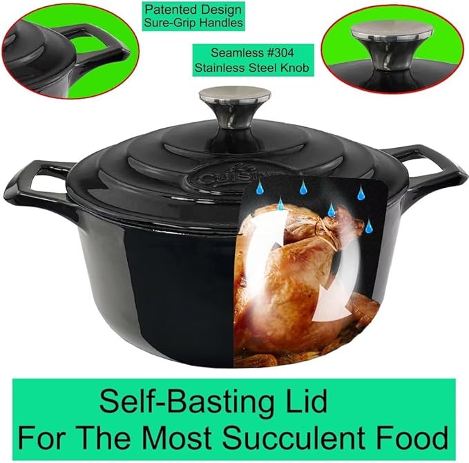 La Cuisine Enameled Cast Iron Dutch Oven Casserole dish pot with lid - 4.75 Litre 26cm Dia. Matte Black Enamel Coating Interior, Glossy Black Enamel Coating Exterior Oven-Safe