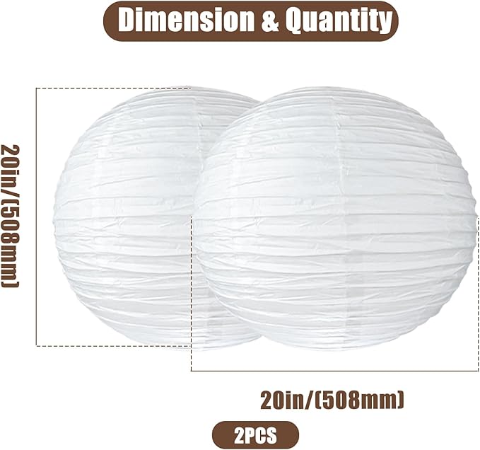 2PCS 20Inch Paper Lantern Lights, White Round Rice Paper Lamp Shades, Chinese/Japanese Paper Lantern Pendant Light for Party Decoration, Wedding, Home Decor