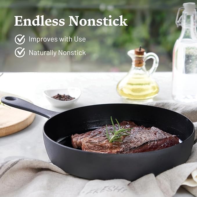 Flambo Skillet #10 - Naturally Non-Stick 10 Inch Pre-Seasoned Cast Iron Frying Pan - Smooth Nonstick Finish for Grilling, Frying, Sauteing, Searing, Baking - Use on Oven, Stove, Grill, or Campfire