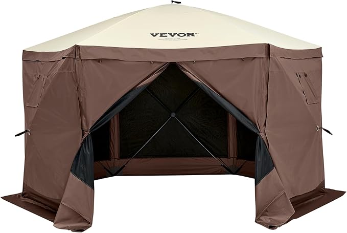VEVOR Pop Up Gazebo Screen Tent 6 Sided Canopy Sun Shelter with 6 Removable Privacy Wind Cloths & Mesh Windows, 11.5x11.5FT Quick Set Screen Tent with Mosquito Netting, Brown
