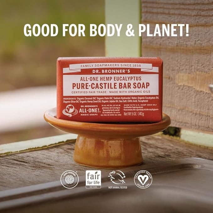 Dr. Bronner's Pure-Castile Magic Soap Bars (Eucalyptus, 5 oz, 6-Pack)- Made with Regenerative Organic Certified Oils for Face, Body & Hair - Gentle, Vegan- Bar Soaps for Men & Women