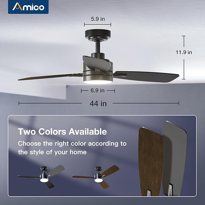 Amico Ceiling Fans with Lights, 44 inch Ceiling fan with Light and Remote Control, Reversible, 3CCT, Dimmable, Noiseless, Small Black Ceiling Fan for Bedroom, Indoor/Outdoor Use