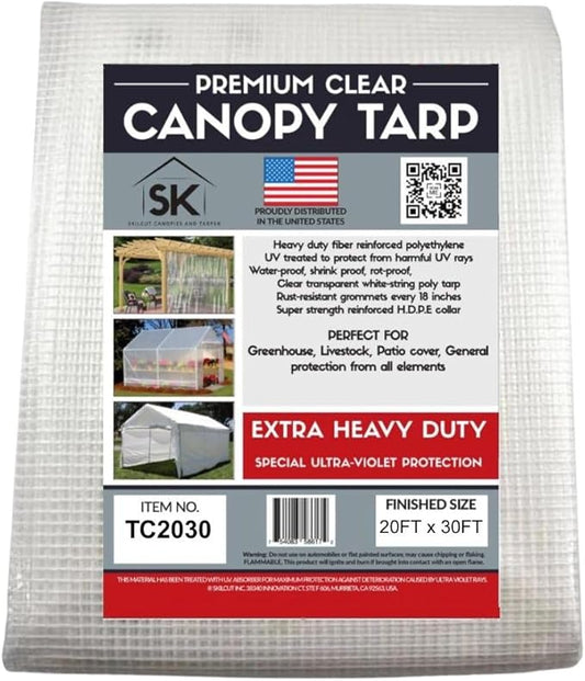 16 Mil Clear Poly Heavy Duty Tarp with Fiber Reinforcement - True Size Tarps with UV Protection, Tear Resistance, Flexibility, Reinforced Corners 20x30