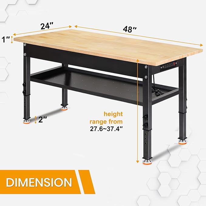 48"/60'' Adjustable Workbench, Rubber Wood Top Work Bench Heavy-Duty Work Table w/Power Outlet, Partition,2000 LBS Load Capacity Work Benches for Garage, Workshop, Home, Office, Easy Assembly