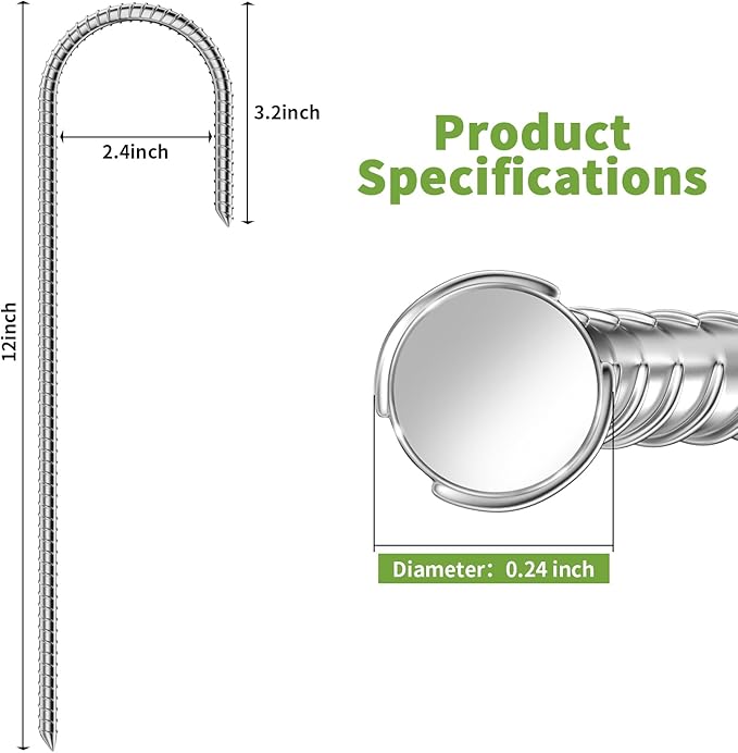 12 Inch Tent Stakes - Durable Galvanized Carbon Steel Trampoline Stakes, Garden Stakes with Thread Design for Enhanced Grip, Rebar Stakes for Beach, Outdoor, Grass, Garden (6 Pack)