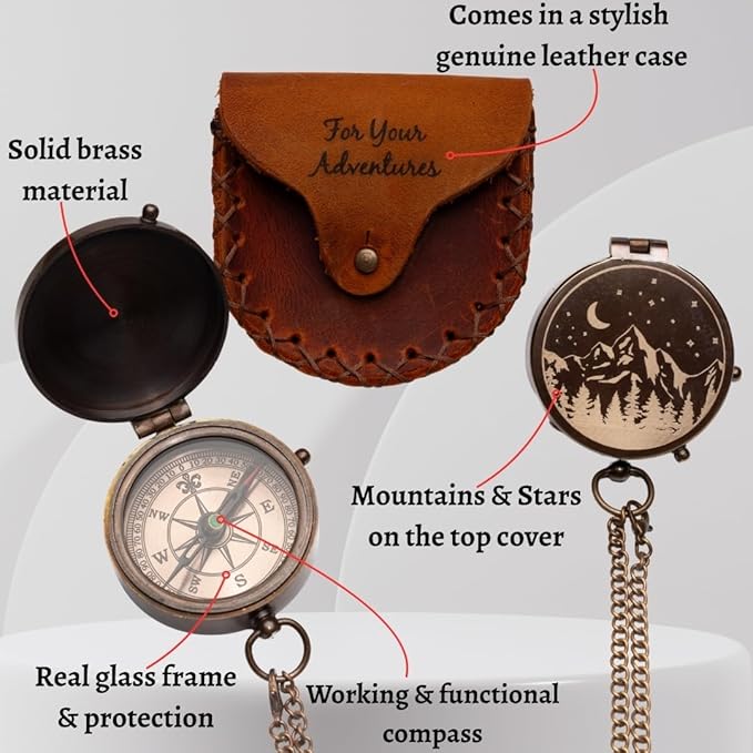 Engraved Compass Gift for Men – Vintage Brass Pocket Compass for Hiking, Adventure, and Travel – Antique Finish with Leather Case – Moon & Stars, or Road Design – Gift for Dad, Husband, or Son