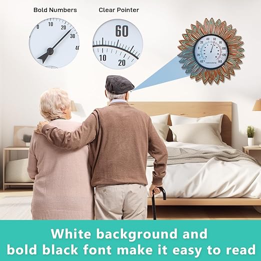 Sunflower Outdoor Thermometers, No Need Battery Indoor Themometer, 12" Metal Wall Thermometer with Large Number Easy to Read for Patio Room Decor