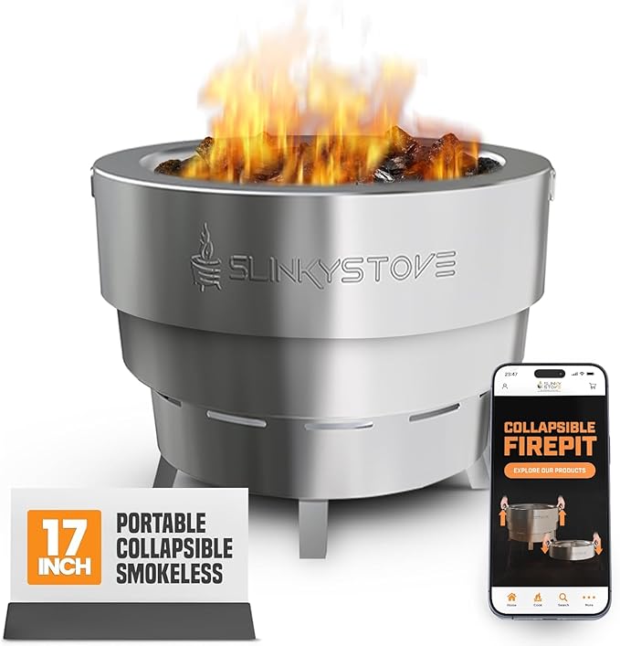 Smokeless Fire Pit for Outdoor Wood-Burning – Portable, Compact & Foldable Design for Camping, Bonfires, Tiny Cabin, Ventless Burn, Solo Pits, and Backyard Use – Stainless Steel, 17-Inch Slinky Stove