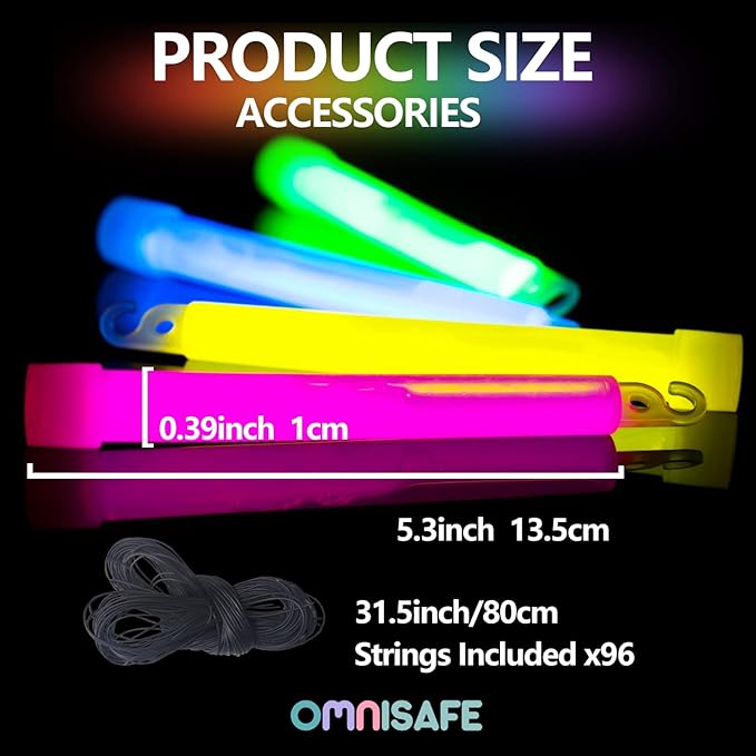 96 Ultra Bright Large Glow Sticks with 96 Black PE String, Multi Use Colourful 6 Inch Glowsticks for Parties, Camping, Emergency Glow Sticks For Blackout, Long-lasting Lighting Waterproof and
