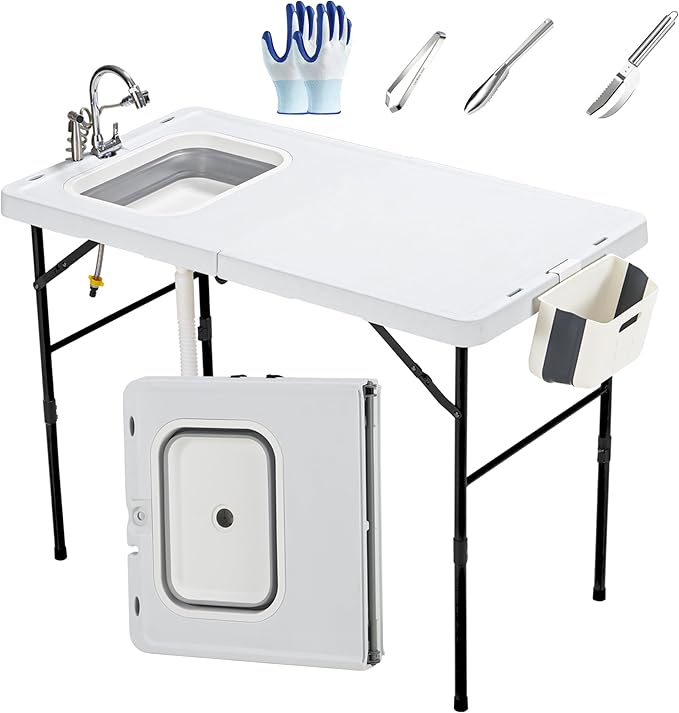 Dragosum 50" Folding Fish Cleaning Table with Foldable Sink, Outdoor Fillet Station Portable Camping Kitchen Station with Smaller Folding Volume, Larger Desktop, Fish Cleaning Kit
