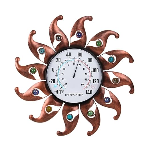 VEWOGITF Sun Outdoor Thermometer, Copper Wall Thermometer No Need Battery, 13.5" Dia Metal Indoor Thermomter with Beads Decor for Patio Home Room