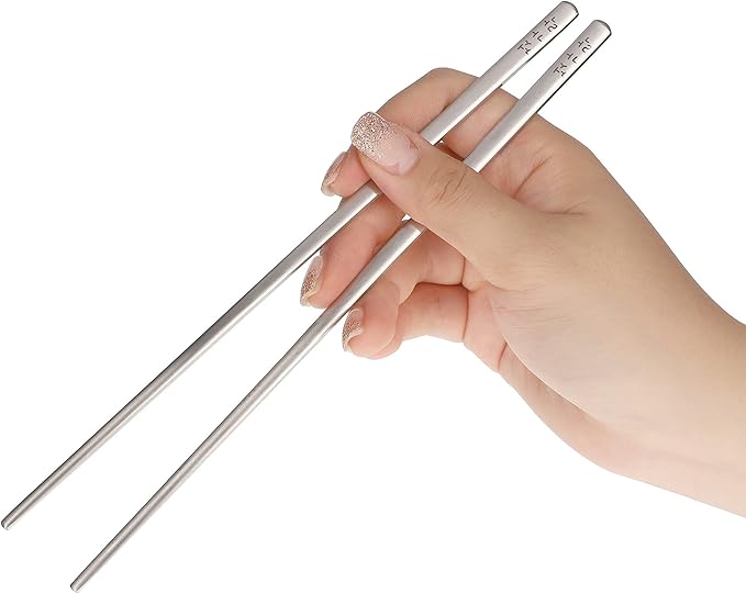 Korean Utensils Chopsticks and Spoon Set Reusable Long Handle Stainless Steel Good for Gift Happy Face & Hangul Characters Engraved Silver