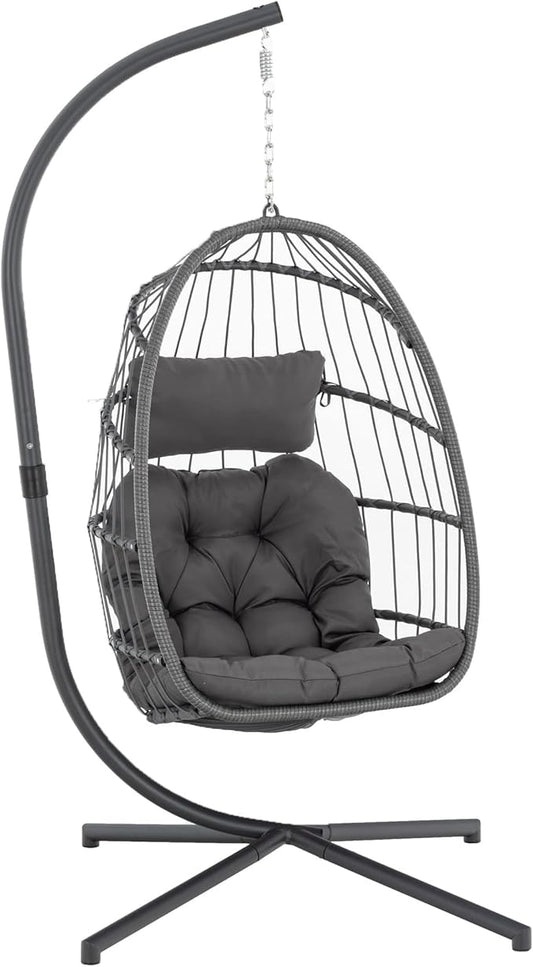 Yechen Indoor Outdoor Egg Hanging Chair with Stand, Patio Wicker Swing Egg Chair Indoor Swinging Chair Outdoor Hammock Egg Chair 350lbs Capacity for Patio Bedroom Balcony, Charcoal Grey (EG-001)