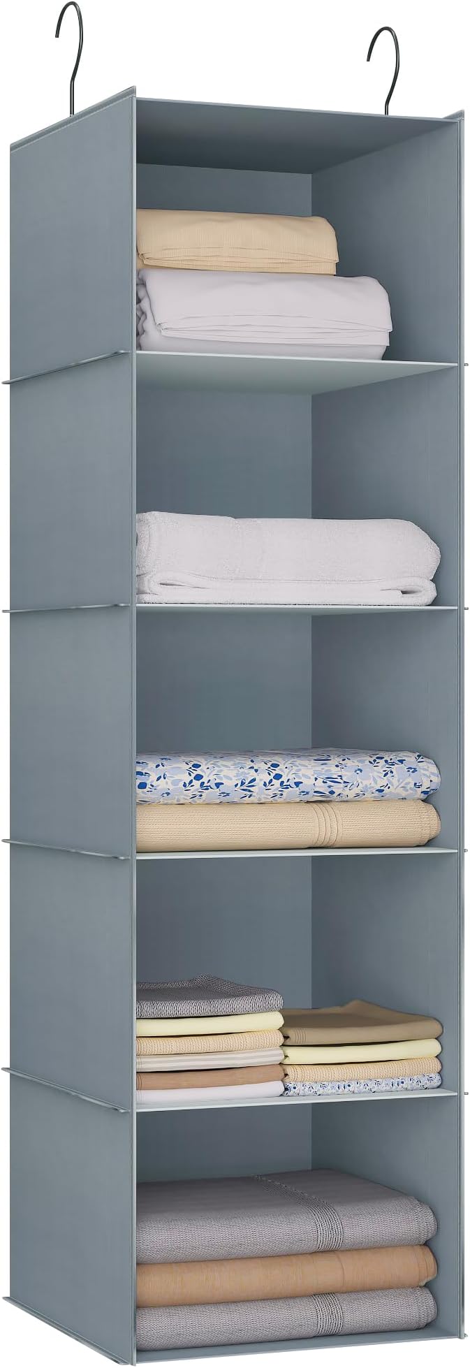 Hanging Closet Organizer 5-Shelf, Easy Mount Foldable Wardrobe Storage Shelves, Clothes Handbag Shoes Accessories, Washable Oxford Cloth Fabric, Gray