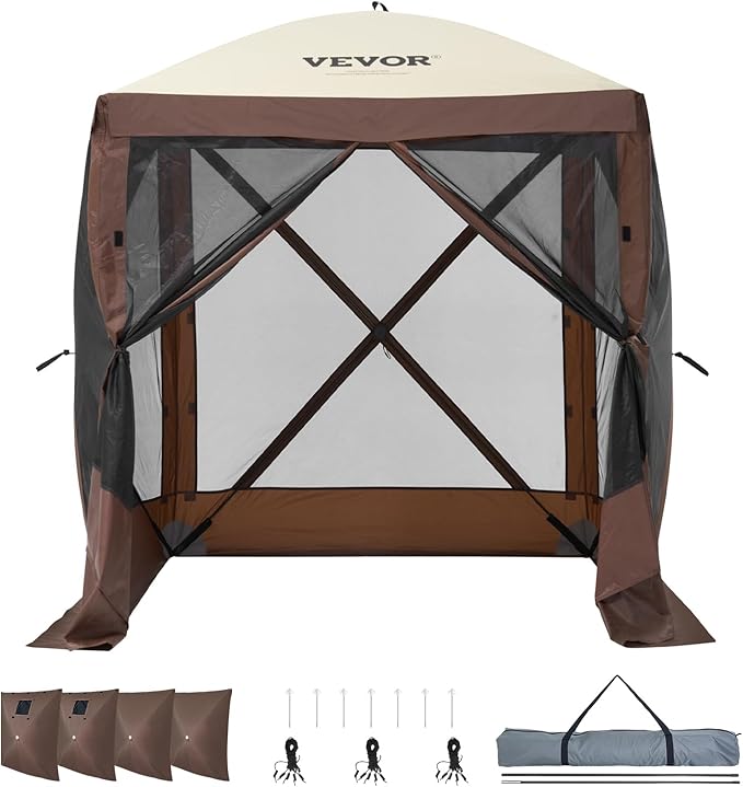 VEVOR Pop Up Gazebo Tent, Pop-Up Screen Tent 4 Sided Canopy Sun Shelter with 4 Removable Privacy Wind Cloths & Mesh Windows, 6x6FT Quick Set Screen Tent with Mosquito Netting, Brown