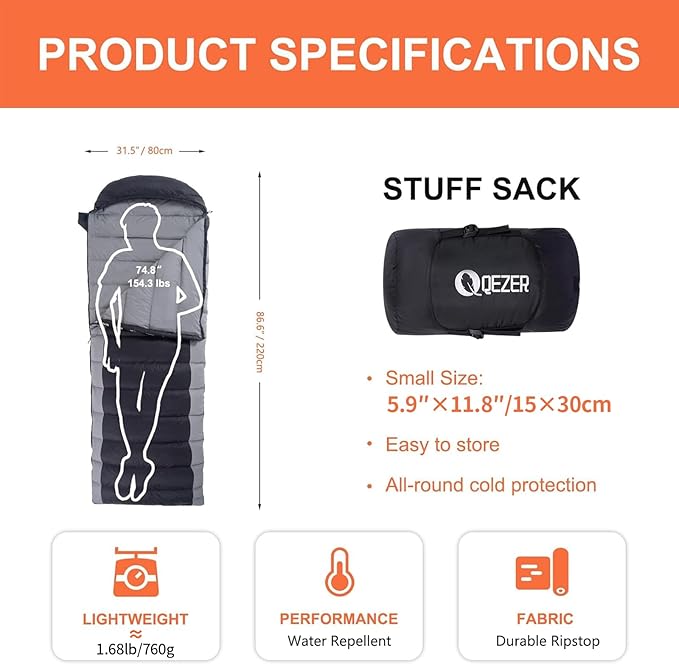 Ultralight Down Sleeping Bag for Adults - 600 Fill Power, Cold Weather, Backpacking, Camping, Hiking