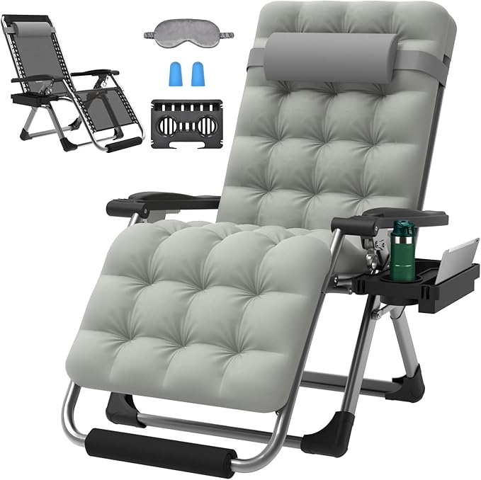 ZENPETIO 29In XL Zero Gravity Chair w/Cushion, Zero Gravity Recliner Lounge Chair for Indoor and Outdoor, Reclining Camping Chair for Lawn, Anti Gravity Chair with Cup Holder and Footrest, 440LBS