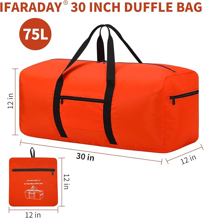 Foldable Duffle Bag for Travel - 75L Large Spare Travel Duffel Bag Lightweight with Trolley Sleeve - Orange