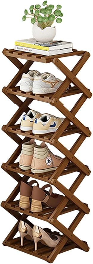 YYW Bamboo Shoe Rack for Entryway,Installation-Free and Foldable Vertical Shoe Storage Organizer,Free Standing Shoe Racks Shelf Closet Shoe Organizer for Living Room (Tawny-6 Layers)
