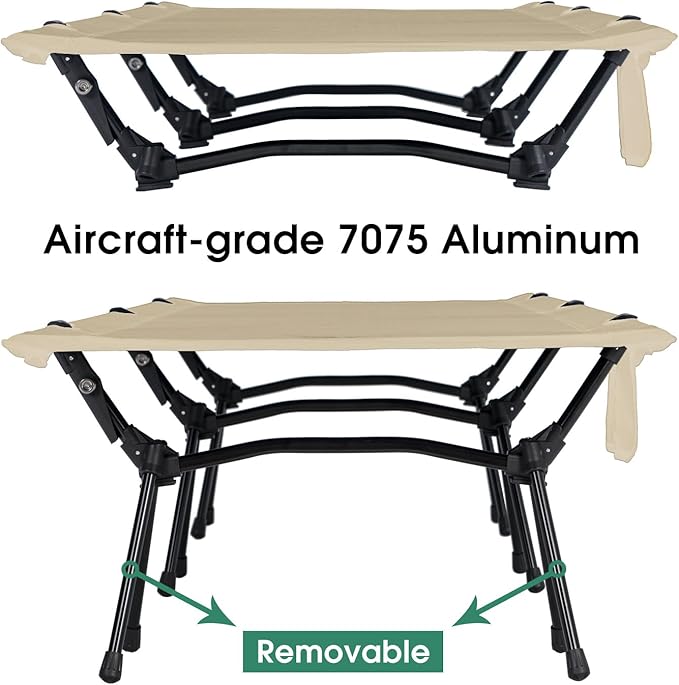 CAMPNACHT Ultralight Camping Cot with Leg Extenders, Aluminum Lightweight Folding Cot for Adults, Portable Backpacking Compact Tent Cot for Outdoor, Hiking, 1 Pack with 2 Use Modes, Khaki