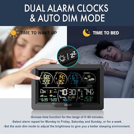 Uzoli EM3390 7.5" Weather Station, Weather Station Wireless Indoor Outdoor Thermometer, Digital Weather Stations 3 Sensors with Atomic Clock, Barometer, Moon Phase, Large Screen Monitor for Home Use