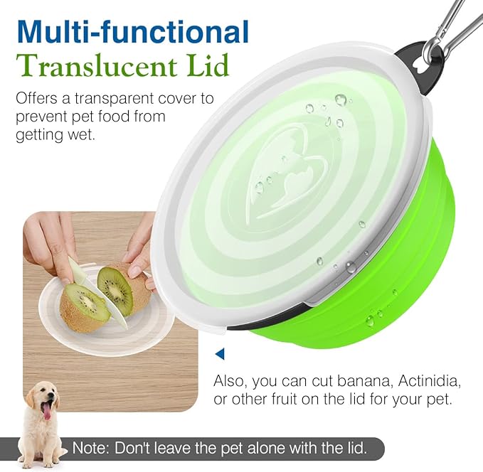 Pawaboo Silicone Collapsible Dog Bowls 2 Pack, Blue + Green, 5.1 x 3.5 x 2.1 in, 13 x 9 x 5.5 cm, Lid Included, Portable, Easy Cleanup, Suitable for Small to Medium Dogs