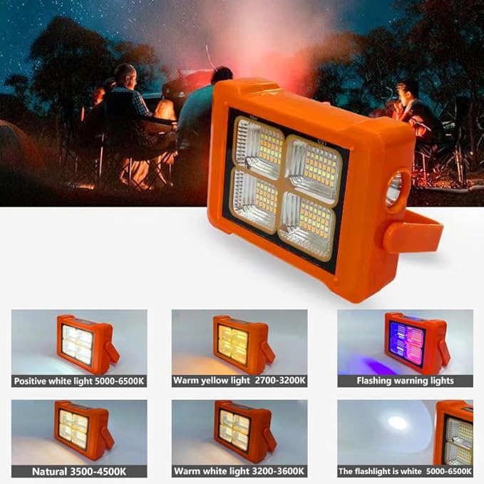 Portable LED Solar Rechargeable Work Light IP66, 6 Lighting Modes, Rechargeable Floodlight for Outdoor Power Outage Emergency, Bicycle Maintenance, Camping Hiking, Family Emergency Lights