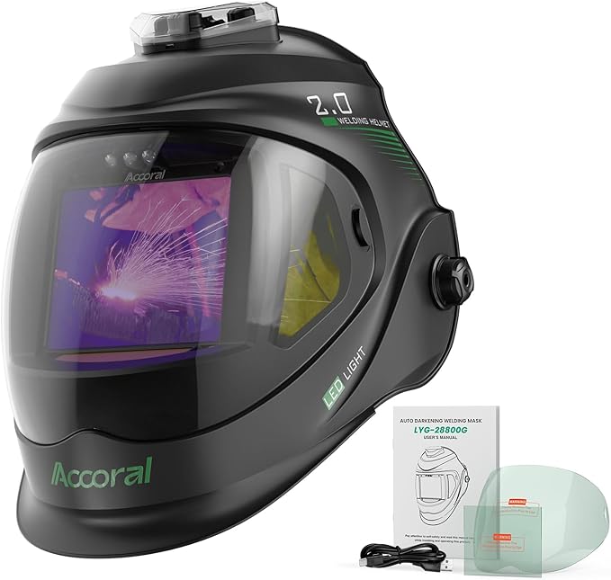 Panoramic View Auto Darkening Welding Helmet with Light，1/1/1/1 True Color Solar Powered Welding Hood Mask，4 Arc Sensor Wide Shade for TIG MIG ARC Cut,Grinding