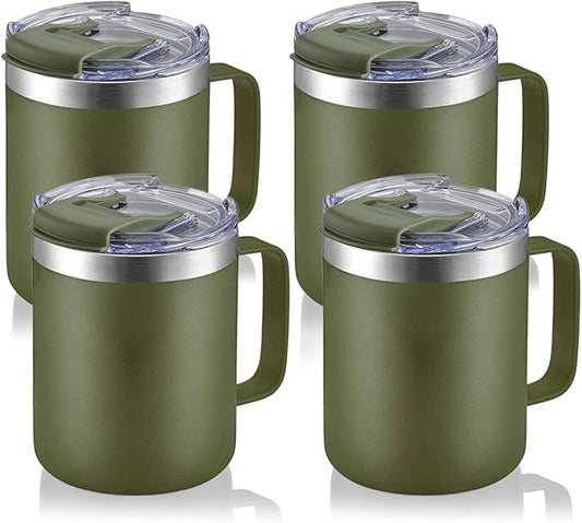 ALOUFEA 12oz Stainless Steel Insulated Coffee Mug with Handle, Double Wall Vacuum Tumbler Cup with Fliping Lid, Army Green, 4 Pack