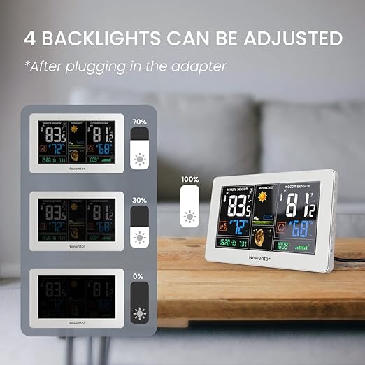 Newentor Weather Station Wireless Indoor Outdoor Thermometer, Color Display Digital Weather Thermometer with Atomic Clock, Barometric Pressure, Forecast Station with Adjustable Backlight, White