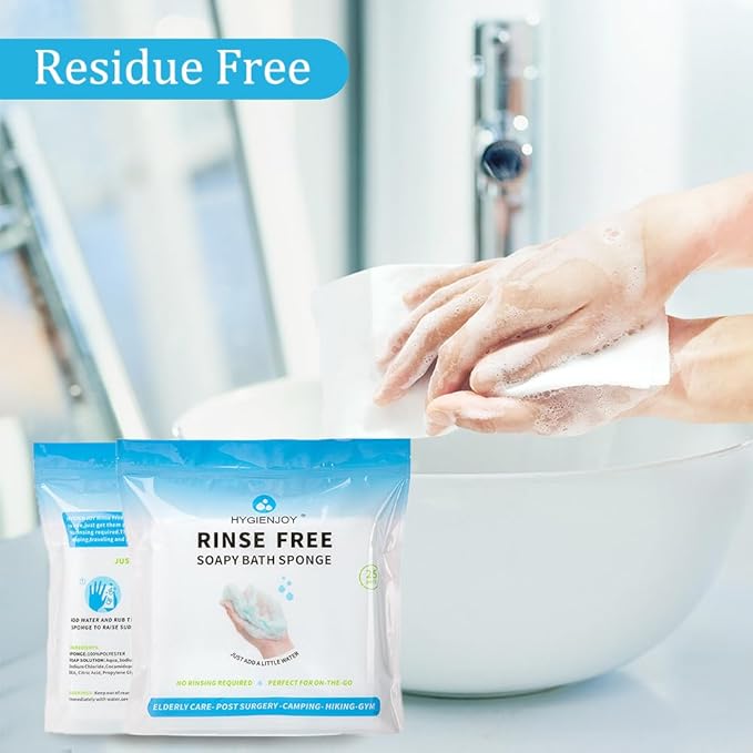 HYGIENJOY-21% Larger,No Rinse Bathing Wipes for Adults-Rinse Free Bath Sponges,Soap Infused,Extra Thick and Dry Shower Wipes for Elderly,For Camping,Hiking,Post Surgery Must Haves, (75 counts)