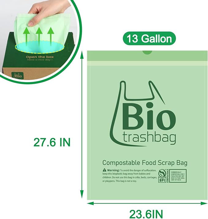 13 Gallon Compostable Trash Bags, Biodegradable Drawstring Compost Food Waste Bags, 50 Count, Heavy Duty 1 Mil, 49.2 Liter, Tall Kitchen Large Garbage Bags, US BPI and Europe OK Compost