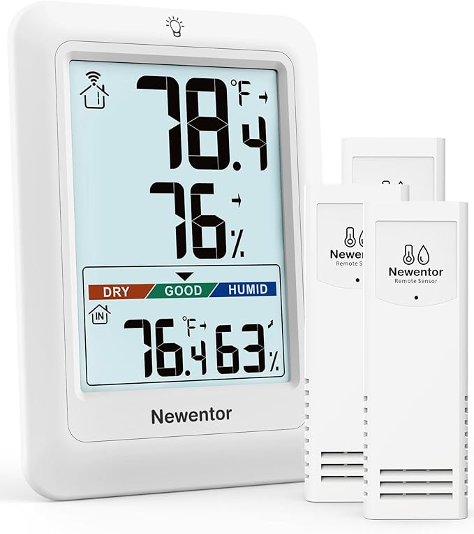 Newentor Indoor Outdoor Thermometer Wireless, Remote Temperature Monitor Hygrometer, Outside Inside Thermometers with Comfort Indicator, 4 Inch Screen, 328ft Range for Home Patio, White with 3 Sensors