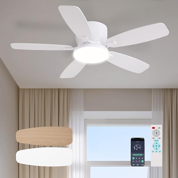 Ceiling Fans with Lights, 44" Low Profile Ceiling Fan with Light Remote Control, 6 Speed 35dB Ultra Quiet Smart Ceiling Fan with Reversible DC Motor, Dimmable 3CCT LED for Bedroom/Living Room (White)