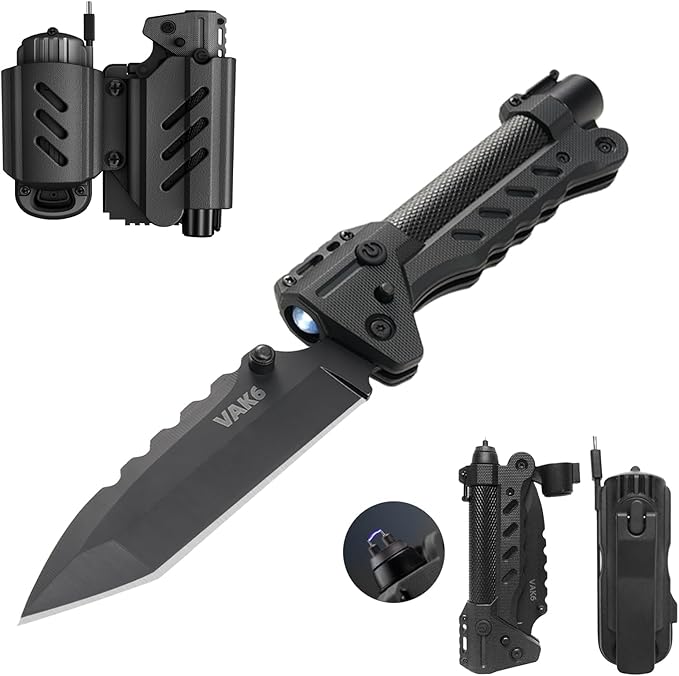 VIPERADE VAK6 Survival Multitool with Folding Knife, LED Flashlight, Pulse Ignition and Hand Crank Generator, Camping Multitool Knife Rechargeable Flashlight with Belt Sheath (Black)