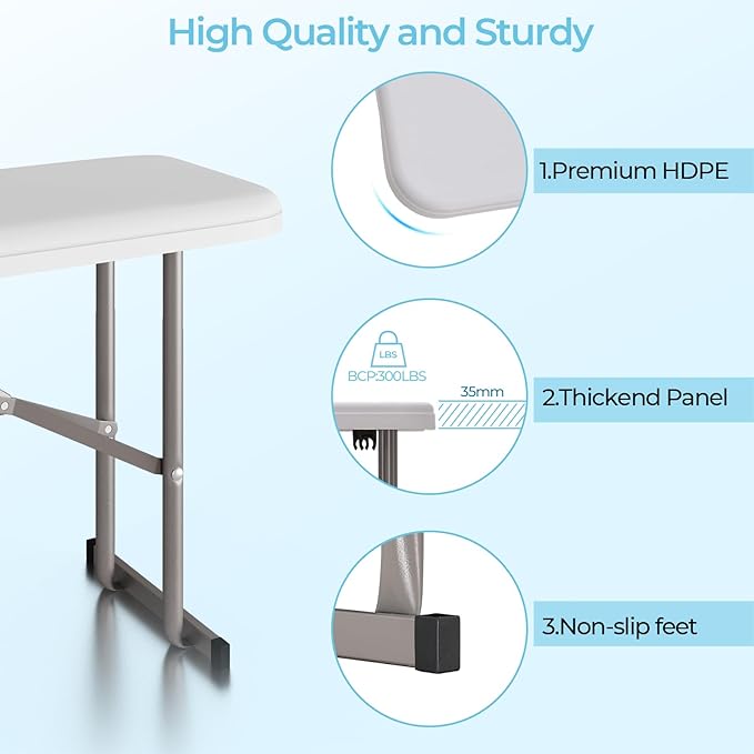 6ft HDPE Folding Bench, Foldable Seat with Sturdy Frame and Security Lock for Indoor and Outdoor, Multipurpose Entertaining Activities, Portable and Easy to Store, 2 Pack, White