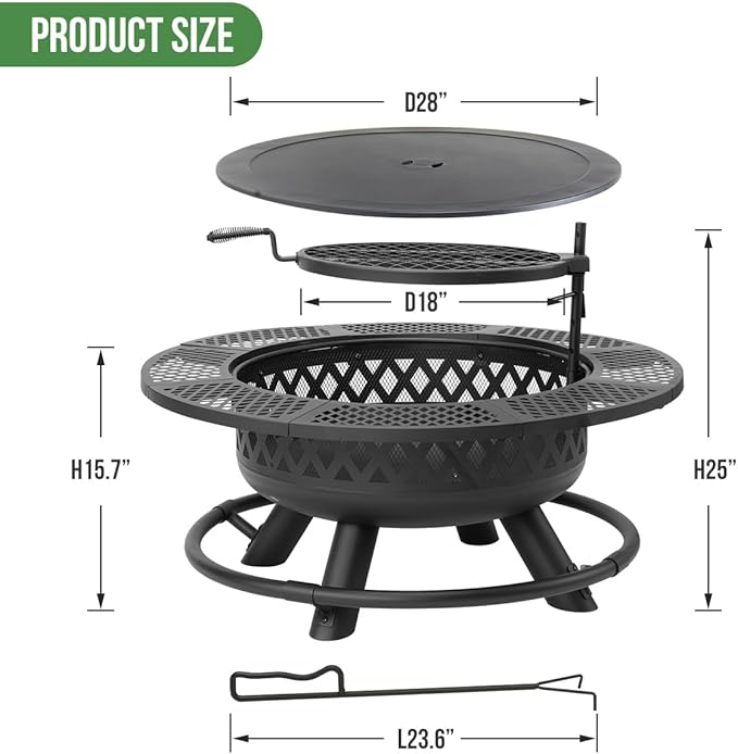 42 Inch Outdoor Fire Pit with Grill, Large Firepit Table for Outside, Metal Round Firepits with Lid&Fire Poker,3 in 1 Wood Burning Fire Pits & Outdoor Fireplaces for Backyard,Patio(42'' Black)