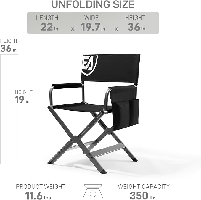EVER ADVANCED Aluminum Lightweight Directors Chair Foldable, Folding Studio Movie Chairs Camping Event Vendor Chair, 19" Seat Height Black Fabric/Grey Frame, Support 350lbs
