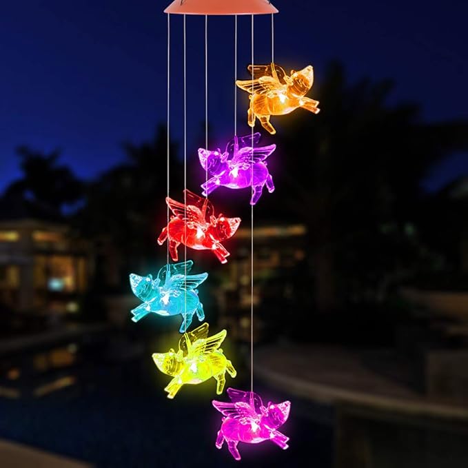 Solar Fly Pigs Wind Chimes, Outdoor Waterproof Mobile Romantic LED Multi Color-Changing Solar Sensor Powered Pig Wind Chimes Lights for Home, Yard, Night Garden, Party, Valentines Gift, Festival Decor