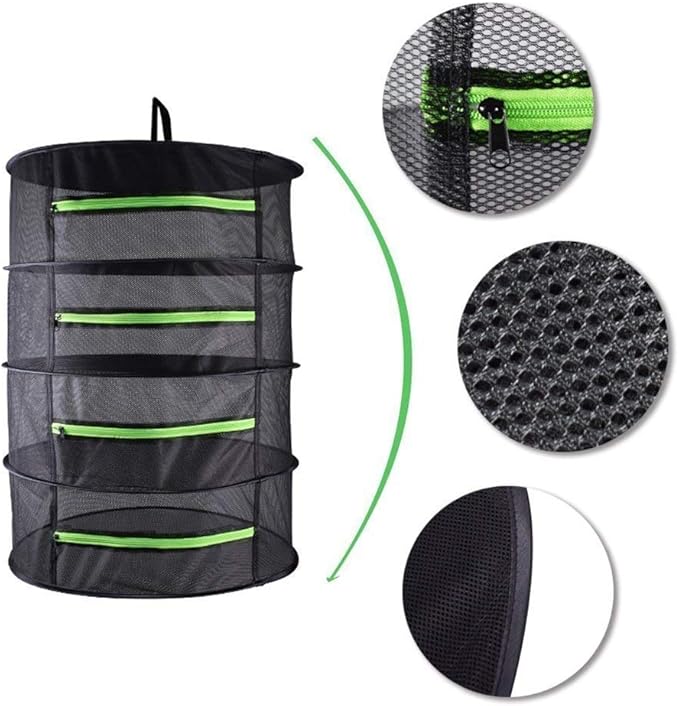 Drying Rack Net Dryer 4 Layer 2ft Black W/Green Zippers Hydroponics Drying Rack Herbs for Plant Bud Seed,Plant Racks for Weed,Mesh Hanging Plant Dry,Herb Dry,for Garden Outdoor Bud Tea