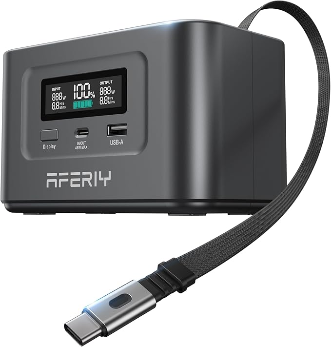 AFERIY 145W DC Portable Power Station w/ 100W PD Retractable USB-C Cable, 99.2Wh LiFePO4 Battery Dual Way 100W PD, Solar Generator,TSA Approved Portable Power Bank, 6 Protections for Camping Travel
