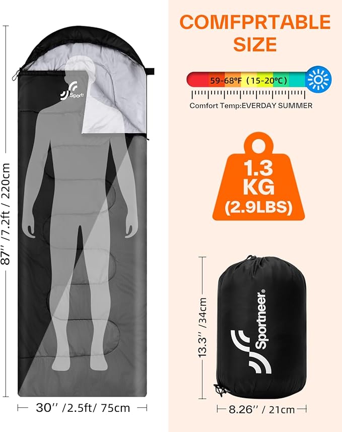Sportneer Sleeping Bag, 3 Seasons Warm Cold Weather Sleeping Bags for Adults Kids Boys Girls with Compression Sack- Lightweight Camping Essentials Gear Accessories, Backpacking, Hiking