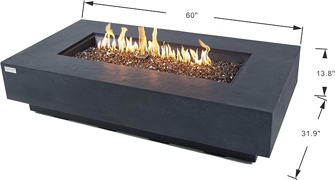 Elementi+ | Positano Gas Fire Pit Cast Concrete 60" Rectangular Fire Table, Outdoor Fire Pit Electronic Ignition | Canvas Cover, Fire Glass and Burner Lid Included | Dark Gray | Natural Gas