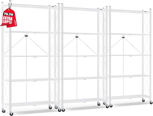 ALANNG 70.7" H Metal Storage Shelves, 5 Tier Folding Shelf on Wheels, Heavy Duty, No Assembly, Rolling, Collapsible Rack Unit for Kitchen, Basement, Pantry (White,3 Pack)