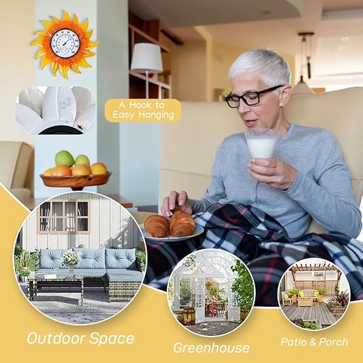 Large Sunflower Outdoor Thermometer No Need Battery, Outdoor Wall Thermometer with Humidity, Outside Thermometer Decorative for Patio, Backyard, Garden, Living Room