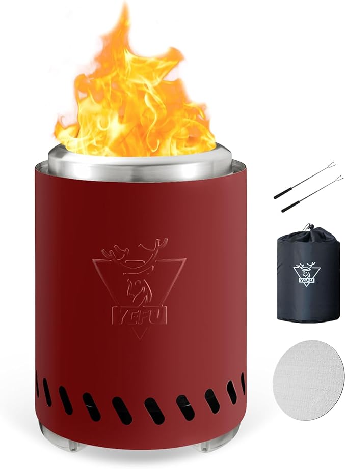 YEFU Tabletop Fire Pit 9.7 x 7.1 in, Low Smoke Camping Stove for Outdoor & Patio, Fueled by Pellets or Wood, Safe Burning Table Top Firepit, with Travel Bag & 2 Mini Sticks & Fireproof Mat, Red