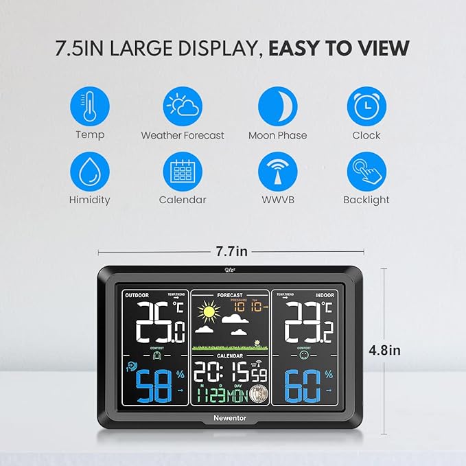 Newentor Weather Station Wireless Indoor Outdoor, Indoor Outdoor Thermometer Wireless, 7.5" Home Weather Stations with Atomic Clock, Temperature Humidity Gauge, Weather Forecast and Barometer, Black