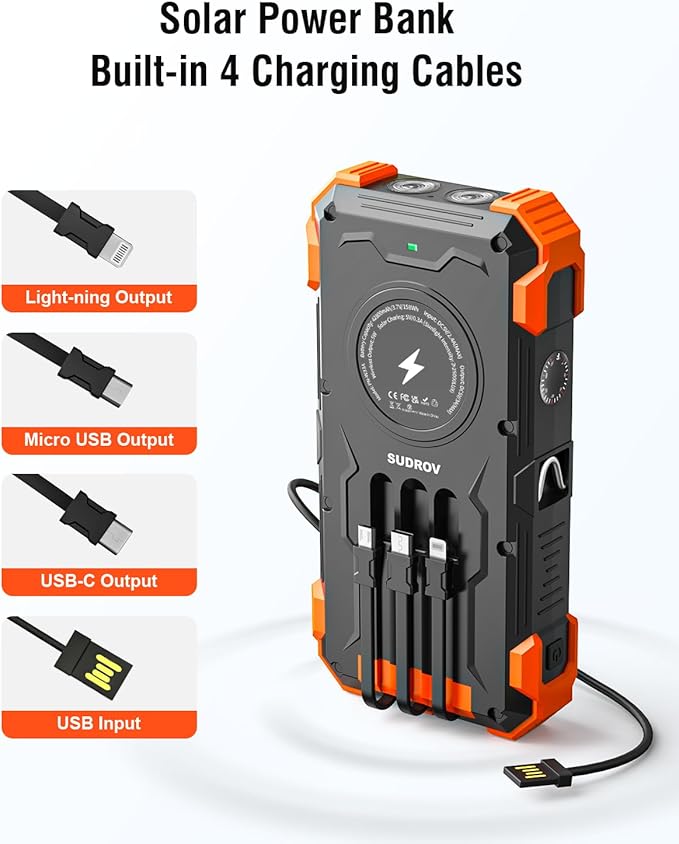 Solar Charger Power Bank, 42800mAh Wireless Portable Charger with USB-C in/Output, QC3.0 Fast Charging 15W 4 Ports Outdoor Battery Pack Built-in Dual Led Flashlights for iPhone Samsung etc